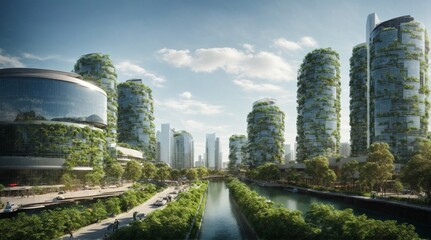 Modern cities employ sustainable green building practices. and encourages the company's buildings to reduce carbon dioxide emissions by using environmentally friendly architecture.