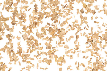 Wooden chips isolated white background. small wood chips for smoking. sawdust texture. ecological fue