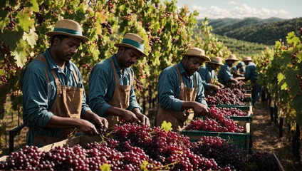 Fotobehang Workers are harvesting grapes in the vineyard, which is nature's best bounty. Ready to create the essence of excellent wine. © Joesunt