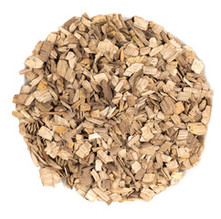 Wooden chips isolated white background. small wood chips for smoking. sawdust texture. ecological fue