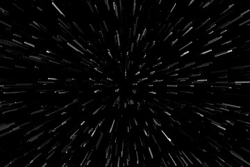 Bokeh white lines on black background, abstraction, abstract speed. light motion blur texture. star particle or space traveling. black and white extrusion effect - obrazy, fototapety, plakaty