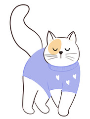 Cute cartoon white cat wearing purple shirt while walking.