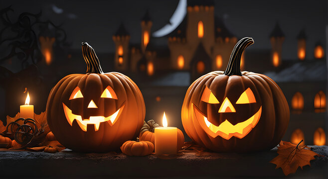 A Happy Halloween image with Spooky Castle in Background, Ai generated.