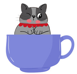 Cartoon gray cat in purple coffee cup looking at something.on a white background.