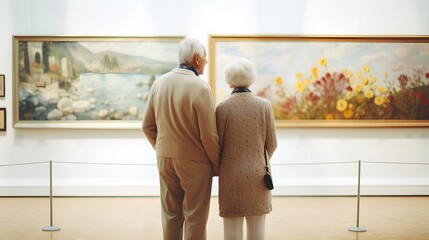 An elderly couple is seen engaging in a cultural outing, appreciating the beauty of various artworks displayed in a museum exhibition. Traveling together, immersing themselves in the world of art. - obrazy, fototapety, plakaty