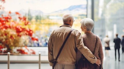 An elderly couple is seen engaging in a cultural outing, appreciating the beauty of various artworks displayed in a museum exhibition. Traveling together, immersing themselves in the world of art.