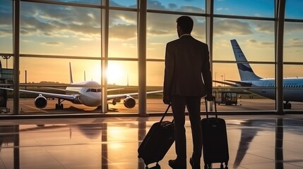 Businessman with luggage waiting in the airport at sunset. - obrazy, fototapety, plakaty