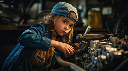 Child Pretending to Be a Mechanic - obrazy, fototapety, plakaty
