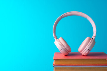 Pink headphones on a book on blue background