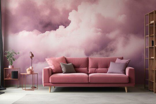 Cozy Interior With Pink Cloud Wallpaper And Pink Sofa. Generative AI