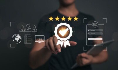 Businessman is touching a star icon with his finger. Personnel quality assessment concept. Product...
