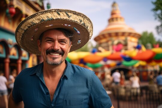 Portrait of a smiling Mexican man with sombrero hat in front of a colorful playground