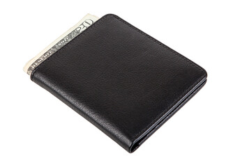 Black leather wallet with dollars isolated on white background. Close up.