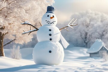 Obraz premium Snowman in stylish hat and Scalf on snowy field. Merry Christmas and happy New Year theme and Blue sky on background. AI Generative