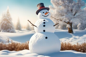 Obraz premium Snowman in stylish hat and Scalf on snowy field. Merry Christmas and happy New Year theme and Blue sky on background. AI Generative