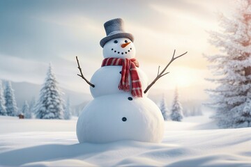 Obraz premium Snowman in stylish hat and Scalf on snowy field. Merry Christmas and happy New Year theme and Blue sky on background. AI Generative