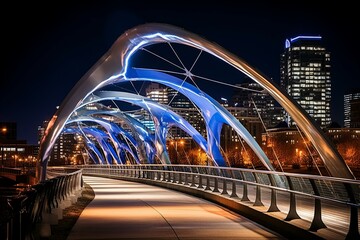 Illuminated night view of the pedestrian bridge in Denver, Colorado. Generative AI