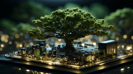 Green natural eco-friendly tree and computer technology on an abstract high-tech futuristic background of microchips and computer circuit boards with transistors - obrazy, fototapety, plakaty
