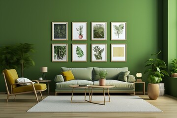 Contemporary green room with furniture, plants, and a gallery wall featuring eight frames for poster presentations. Generative AI