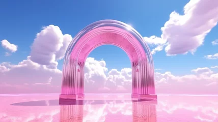 Meubelstickers 3d render Abstract aesthetic background. Surreal fantasy landscape. Water, pink desert, neon linear arch and chrome metallic gate under the blue sky with white clouds. Generative AI image weber. © Summit Art Creations