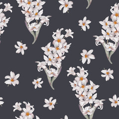 Seamless pattern with delicate hyacinths. Flower illustration on black background