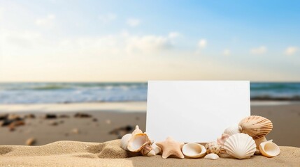 Blank paper card and seashells on sand beach blur background
