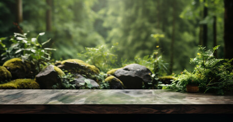 Empty wood table top with blur green forest background. For product display