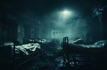 Abandoned hospital corridor in the fog. Horror Halloween concept. - obrazy, fototapety, plakaty