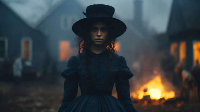 Young woman in a hat and dress standing in front of a burning house