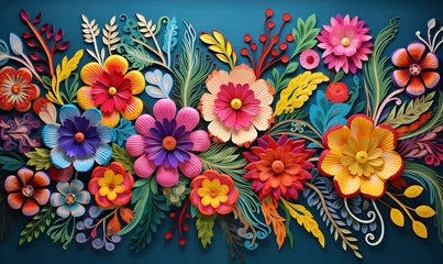Zelfklevend Fotobehang colorful mexican flower wall covering, in the style of embroidery hispanic textile art, mural painting, vivid realism, meticulous design  © chamika