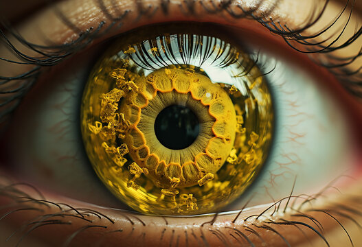 Explore the striking beauty of a close-up, photorealistic yellow human iris with a captivating circular feature at its center. The iris, in shades of light and dark yellow.