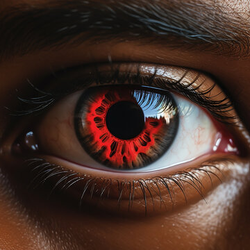 Discover the intensity of a focused human red eye in this captivating image. The eye stands out vividly, drawing you in with its unwavering gaze. 