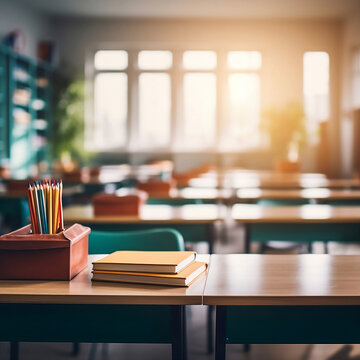 A classroom setting with a blurred background and an empty student desk arrangement