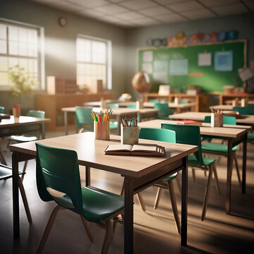 A classroom setting with a blurred background and an empty student desk arrangement