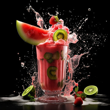 A watermelon fruit Milkshake with splashing liquid and watermelon fruit Tap in a dark background