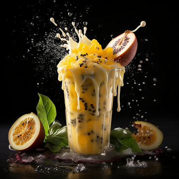 A passion fruit Milkshake with splashing liquid and passion fruit Tap in a dark background