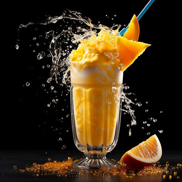 a mango Milkshake with splashing liquid and mango Tap in a dark background