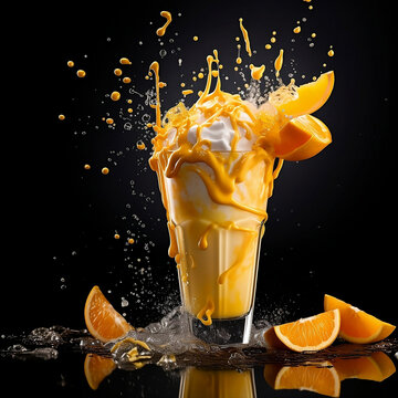 a mango Milkshake with splashing liquid and mango Tap in a dark background