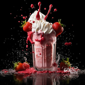 A Strawberry Cheesecake Milkshake with splashing liquid and Strawberry Tap in a dark background