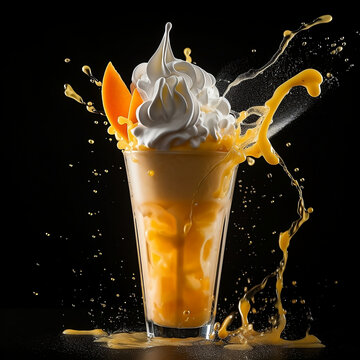 a mango Milkshake with splashing liquid and mango Tap in a dark background