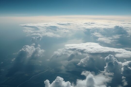 A view of the clouds from an airplane window with a view of the sky, looking out the window of the plane. Generative AI