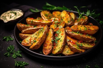 Baked potato wedges with cheese and herbs.