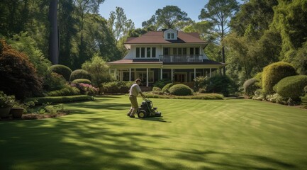 Worker using a manual lawn mower mows grass on near the house - Powered by Adobe