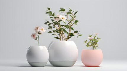 Serene Botanical Composition: White and Pink Plant Holders on a White Background
