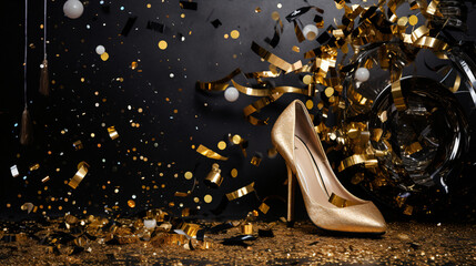 Pair of golden high heel - obrazy, fototapety, plakaty