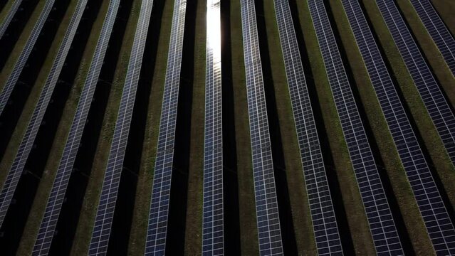 Solar power plant in the middle of the green field in Canada