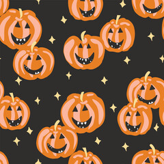 Shining jack-o'-lanterns with stars in the background forming a seamless vector pattern in a palette of orange over black. Great for home decor, fabric, wallpaper, gift-wrap, stationery and packaging