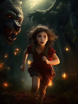 Monster and girl, girl running in dark forest, fantasy book cover illustration