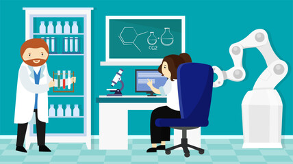 Scientist working with microscope in laboratory. Vector illustration in flat style