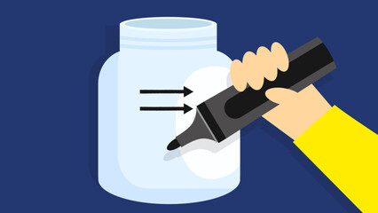 Flat design style illustration of hand holding a pen and writing in a jar.